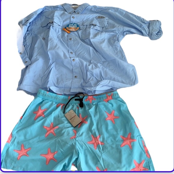 Columbia SPF Summer Hiking Fishing Shirt and Swim Trunks XL Bundle of 2!🐠🎣 - Picture 1 of 4